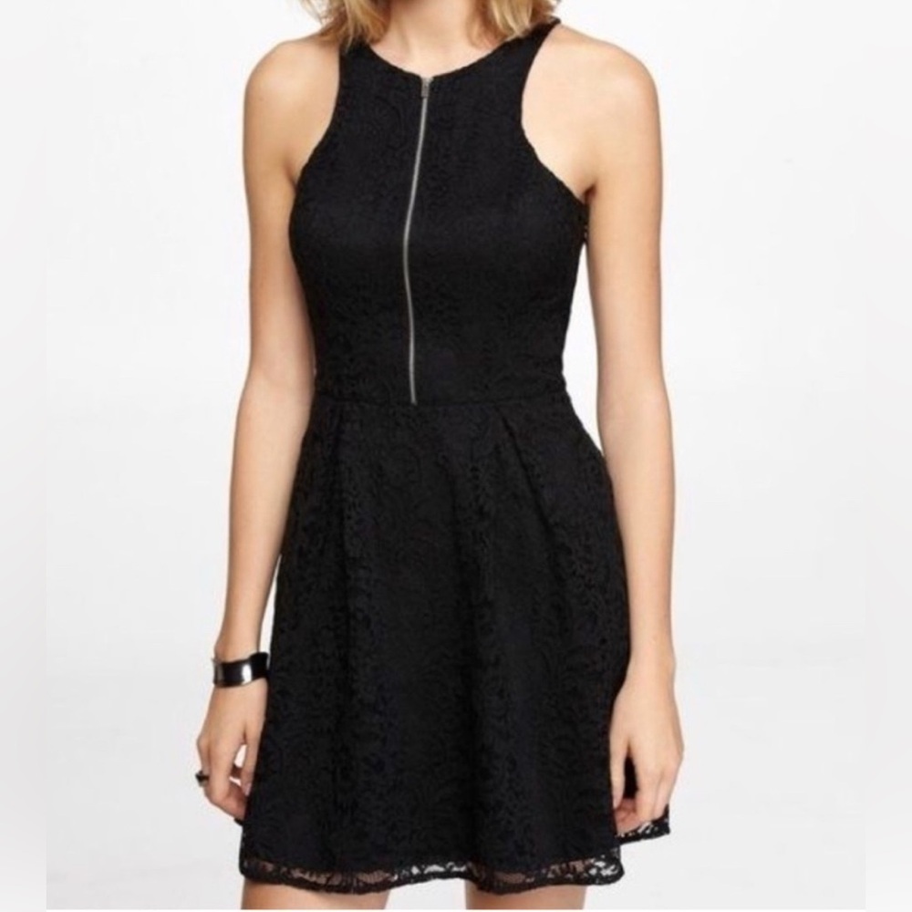 Express black lace front zip racerback dress